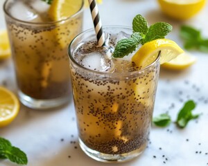 Glass of water with chia seeds and lemon, a refreshing and healthy drink option