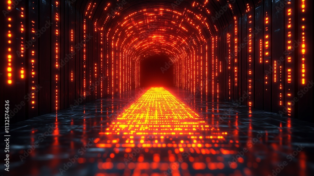 Poster digital gateway: a mesmerizing digital tunnel, constructed with glowing orange lines, beckons the vi