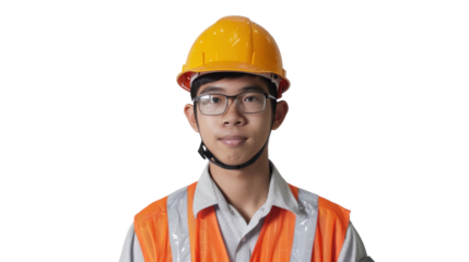 Asian caucasian young male engineer with safety helmet on white background
