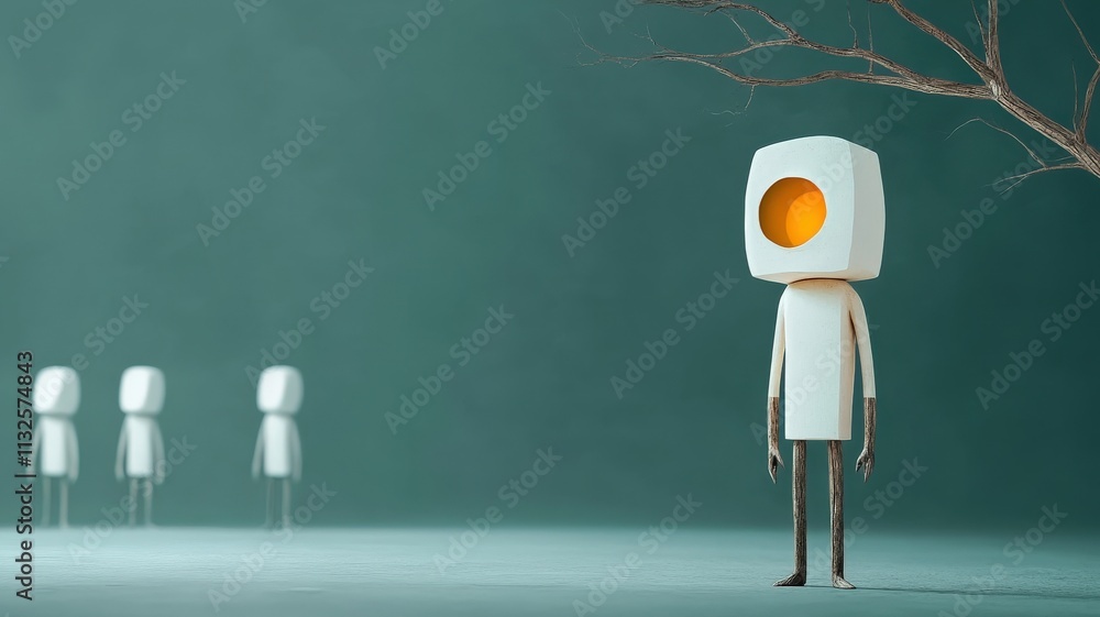 Poster people 3d expressions animated concept. surreal character with an orange circle head in a minimalist