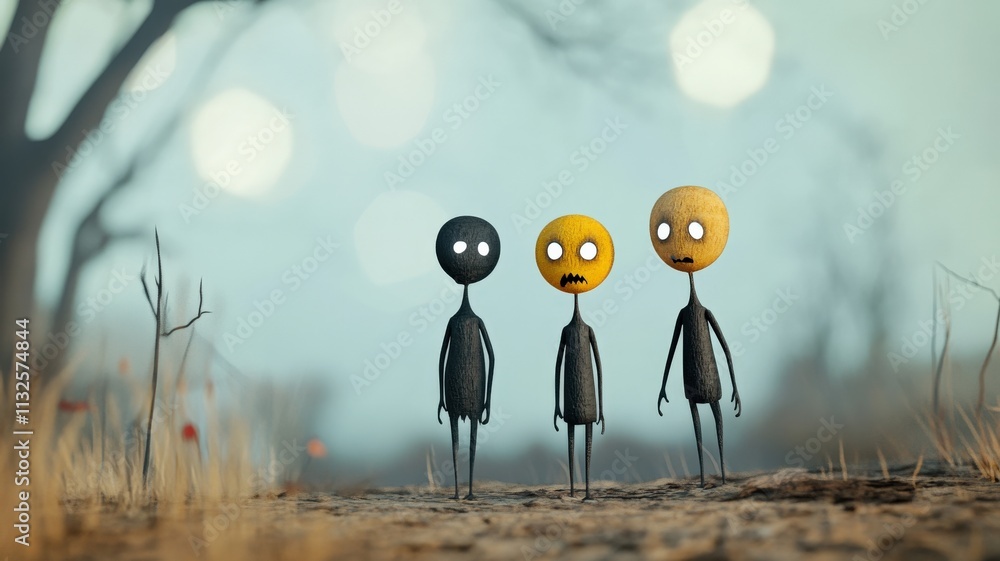 Poster people 3d expressions animated concept. three whimsical characters in a surreal landscape with a dre