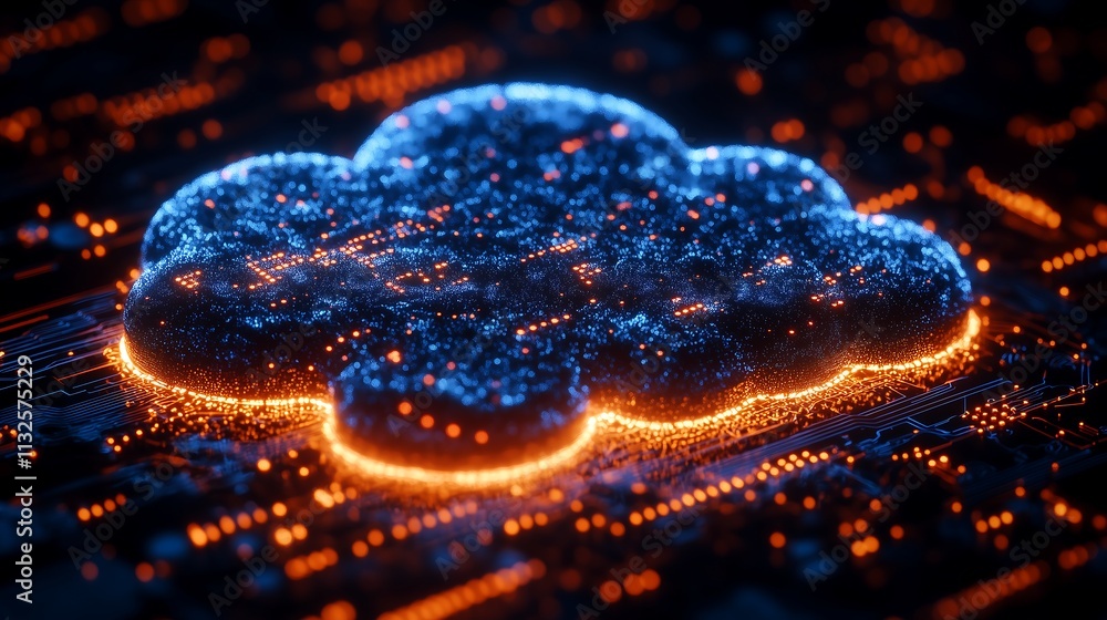Poster cloud computing power: a vibrant, glowing cloud computing symbol rests on a circuit board, represent