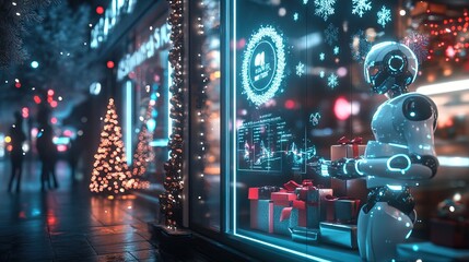 Fototapeta premium Modern robot highlights holiday sale with tech displays