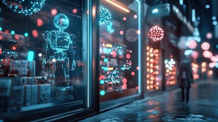 Obraz premium Robot gazes at festive window display in city street.
