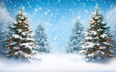 Snow-covered pine trees under a bright blue sky with a festive feel for christmas