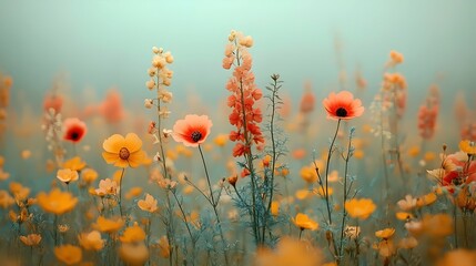 A field of flowers with a blue sky in the background