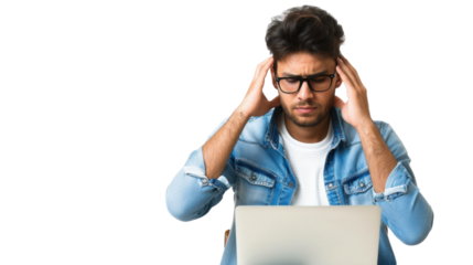 Asian young male Employee IT specialist sit at work with laptop on white background
