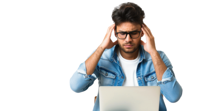 Asian young male Employee IT specialist sit at work with laptop on white background
