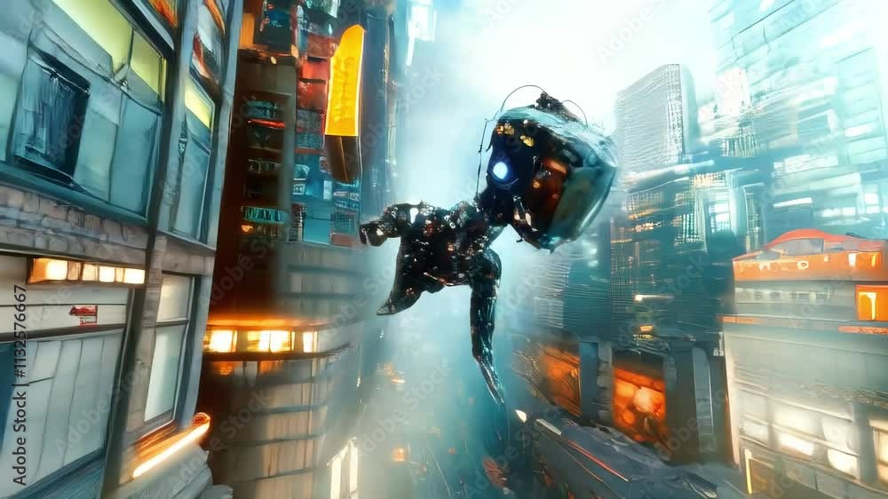 Poster a robot navigates a vibrant, futuristic cityscape. perfect for sci-fi, technology, and ai projects..