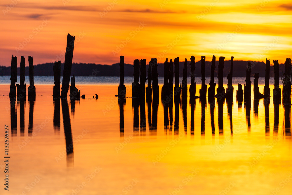 Wall mural Silhouette of groyne at Jasmunder Bodden lagoon, Ruegen, at sunset