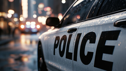 Obraz premium Police car on a rainy city street at night