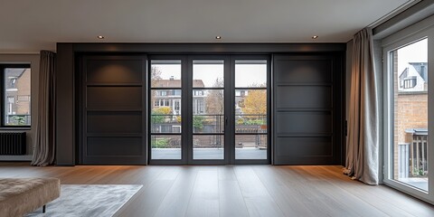 Fototapeta premium Modern living room with large glass doors leading to a balcony and city view.
