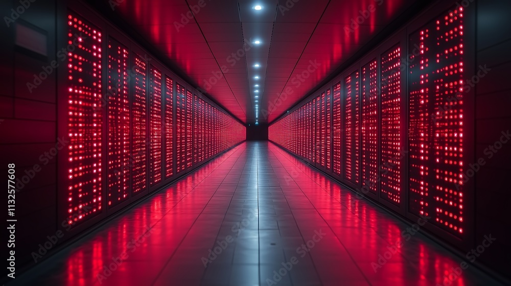 Poster red data center corridor: a long, narrow corridor in a data center, with rows of servers on either s