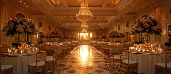Sunlit ballroom wedding reception, elegant tables, floral arrangements, chandeliers.