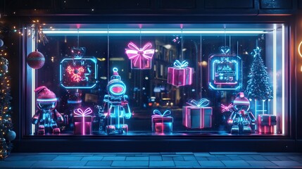 Neon toy robots and gifts in a festive window scene