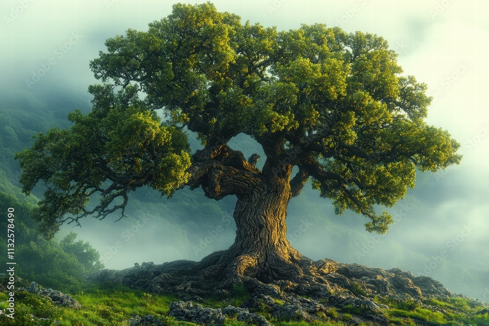 Poster old oak tree stands majestically in fog with intricate bark texture