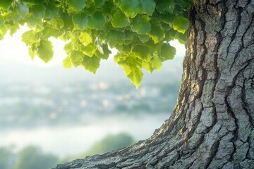 Obraz premium Old oak tree stands tall in the fog showcasing intricate bark texture and lush green leaves