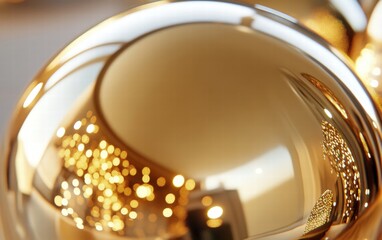 Obraz premium A close-up view of a shiny golden Christmas ornament with its reflective surface capturing nearby lights