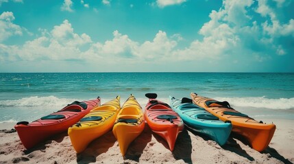 Obraz premium Brightly Colored Kayaks on Sandy Beach Against Blue Sky