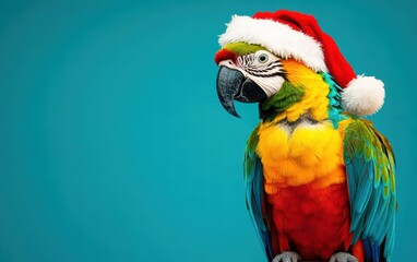 Fototapeta premium A colorful parrot perched while wearing a Santa hat on a vivid turquoise background for christmas