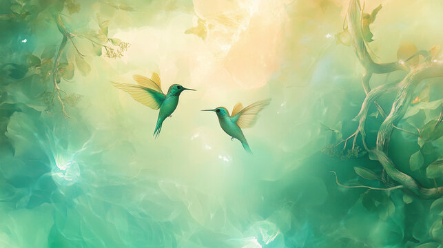 Deux colibris vibrants en vol entour&eacute;s de verdure luxuriante et de lumi&egrave;re dor&eacute;e, art num&eacute;rique