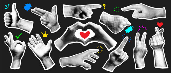 Set of retro halftone hand, magazine or newspaper cutout, human palm, y2k dotted comic arm sticker, hand gesture sign and collage element with torn paper texture and doodle grunge icon. Finger touch.