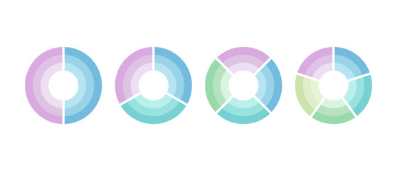 Pie charts for infographics. Elements with 2, 3, 4, 5 steps or options.