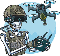 Skeleton soldier operating fpv Unmanned aerial vehicle kamikaze drone 
