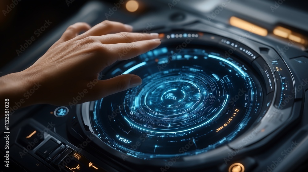 Poster futuristic interface: a close-up shot of a hand interacting with a sleek, futuristic interface.