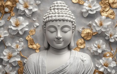 3D Buddha with White Flowers and Gold Background, elegant gray wallpaper design