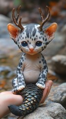 Obraz premium Fantasy-inspired creature with antlers and feline features, sitting adorably on a rock 