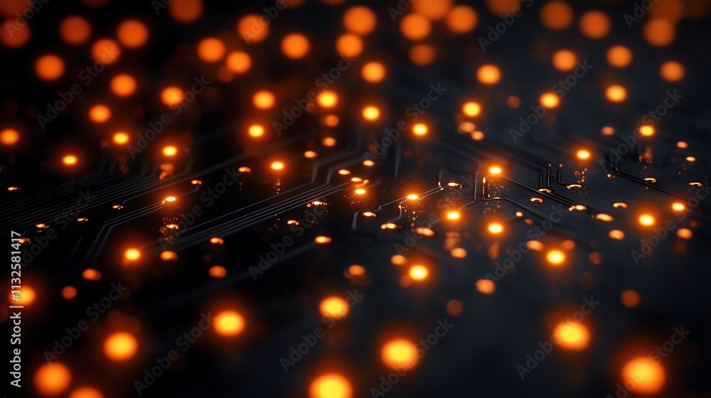Poster glowing circuit board: abstract close-up of illuminated circuit board components. warm orange lights