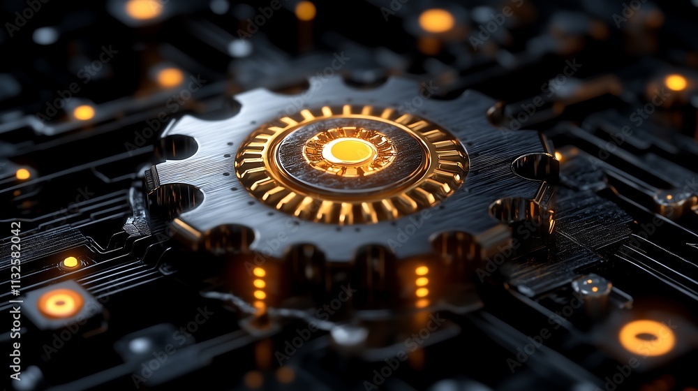 Poster the cog of innovation: a close-up view of a metallic gear with glowing lights, nestled amidst a intr