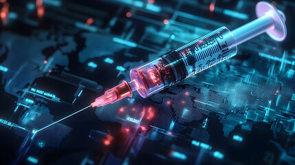 A futuristic syringe on a digital map background, symbolizing medical technology and global health advancements.