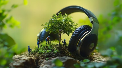 Naklejka premium Tiny figures toil tirelessly, planting a verdant sapling within the confines of an oversized headphone. The surreal scene unfolds against a backdrop of vibrant greenery