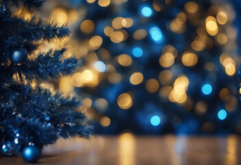 On a blurred festive bokeh background golden and blue Christmas balls