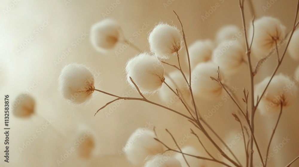Poster close-up view of white cotton bolls on bare branches, softly illuminated against a blurred warm back