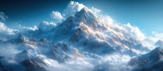 Majestic snow-capped mountain peak piercing through clouds under a vibrant blue sky.