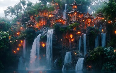 Fototapeta premium Illuminated village nestled on a cliffside, cascading waterfalls flowing into a serene pool at dusk.