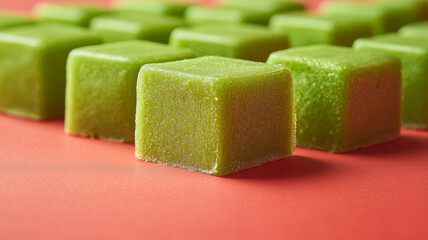 Green candy cubes arranged on a red surface.
