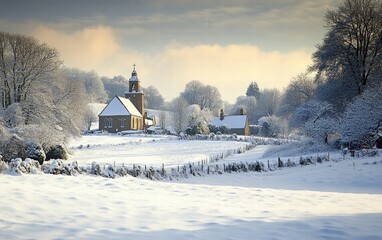 A serene countryside scene with a snow-covered church and bells ringing in the distance for st stephens day