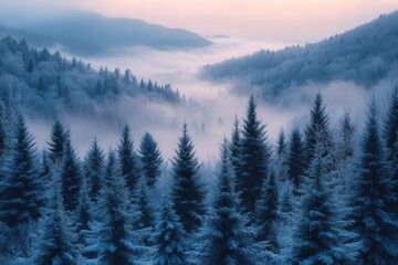 Obraz premium Winter mists shroud forested hills, creating an ethereal landscape at dawn