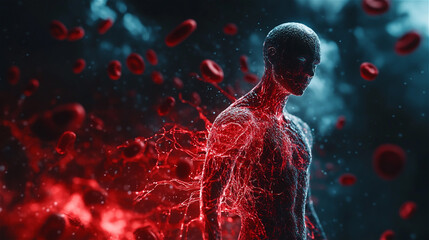 Surreal virtual human body with red blood cell. Medical science and technology concept. Generative AI.