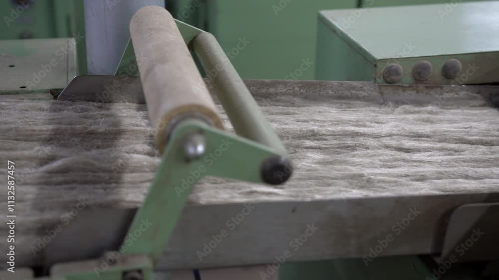 Poster a close-up view of flax fibers smoothly moving through an automated conveyor system, highlighting in
