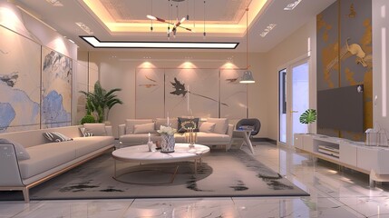 Modern Creative Living Room Interior Design with Backdrop Ideas, House Concept, Beautiful Background, Sofa and Decorative Photo Paint Frame on Full Wall Background, Creating a Stylish Space.