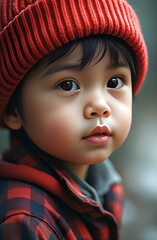 Portrait of an Asian boy in a red cap and checkered shirt, looking at the camera