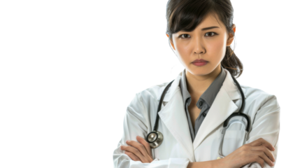Asian caucasian young female handsome doctor arms crossed on white background