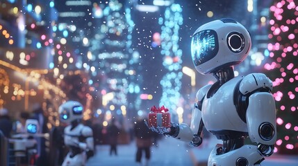 Fototapeta premium Futuristic robot offering gift in snow-lit cityscape