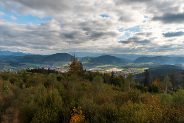 View from Tabor lookout tower in Javorniky mountains above Kysucke Nove Mesto town in Slovakia