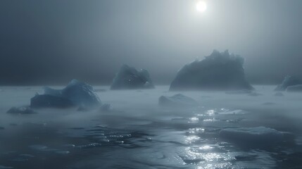 Ice floes drifting in the Arctic sea, surrounded by fog and snow.